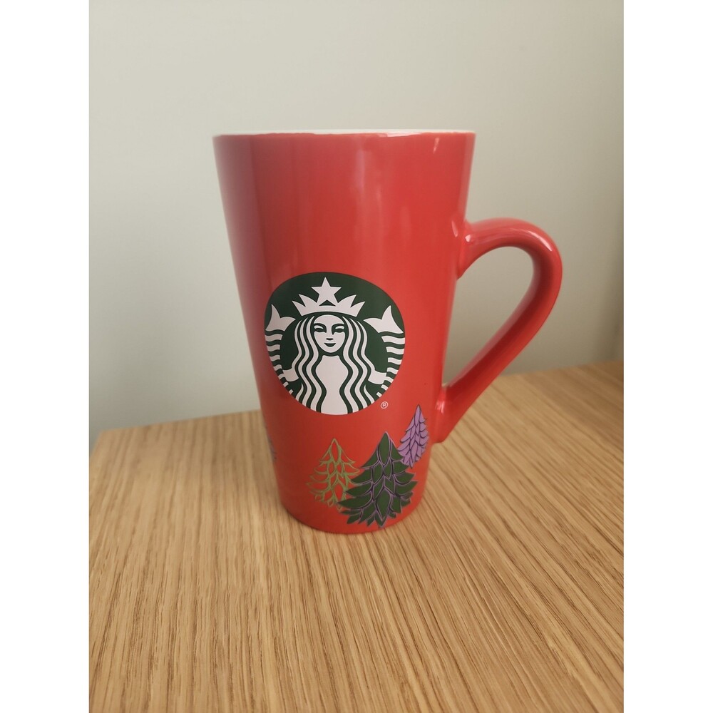 Starbucks 2020 Red Ceramic Tall Holiday Mug w/ Winter Trees 16oz